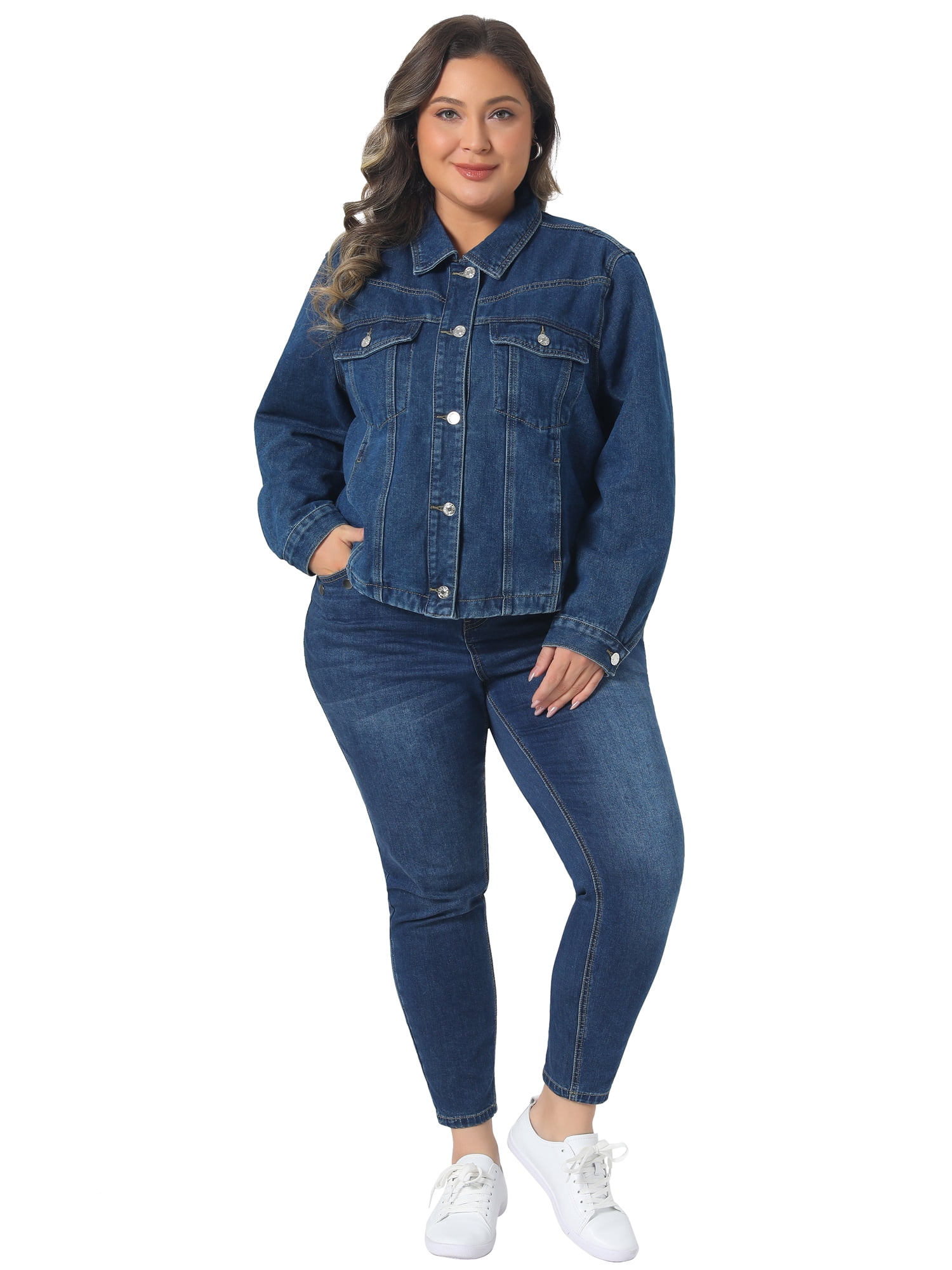 DARING DIVA Women's Plus Button Closed Long Sleeves Stitching Jean Jackets 2X Blue
