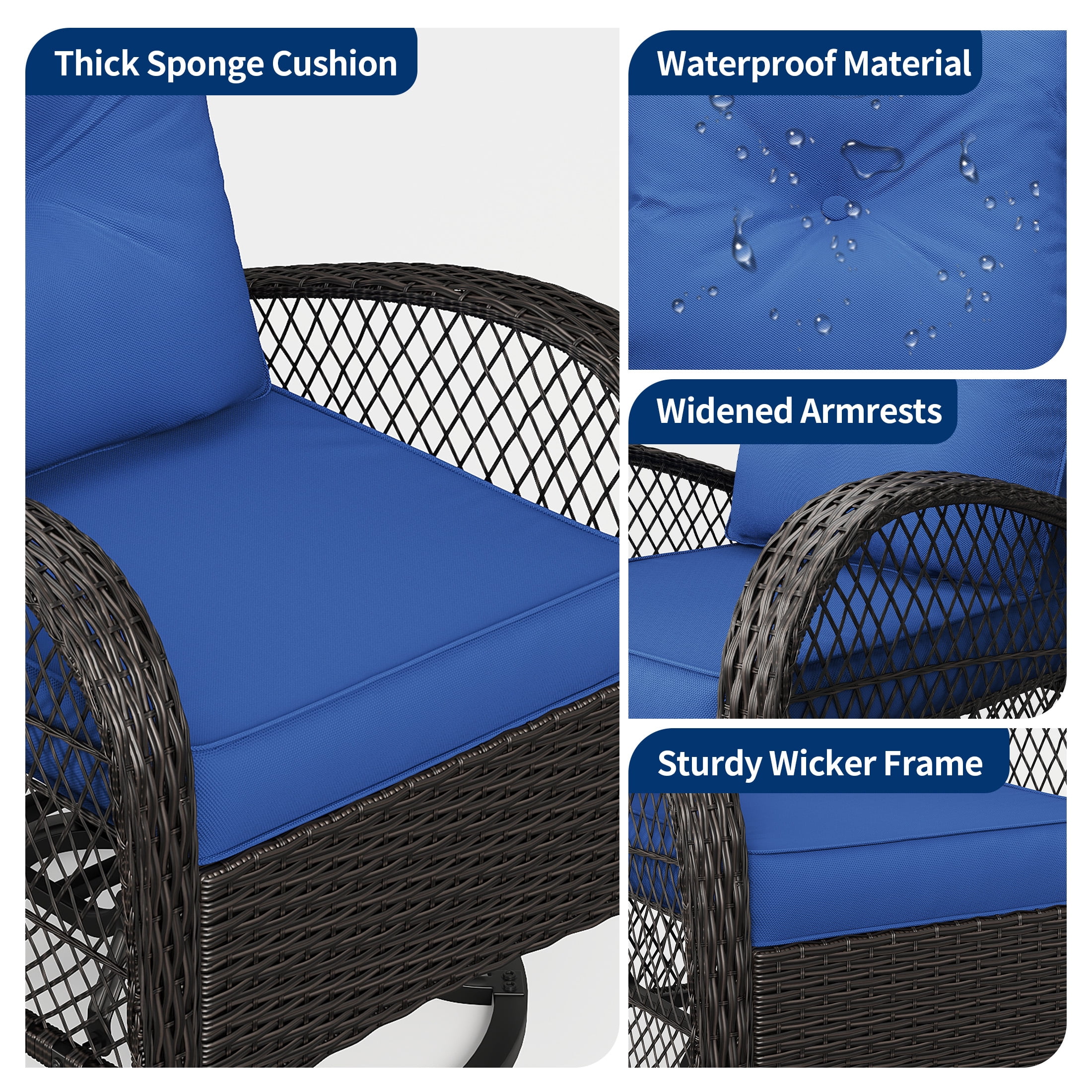Techmilly 3 Pieces Patio Furniture Set, Outdoor Swivel Gliders Rocker, Wicker Patio Bistro Set with Rattan Rocking Chair for Porch Deck Backya (Navy Blue)
