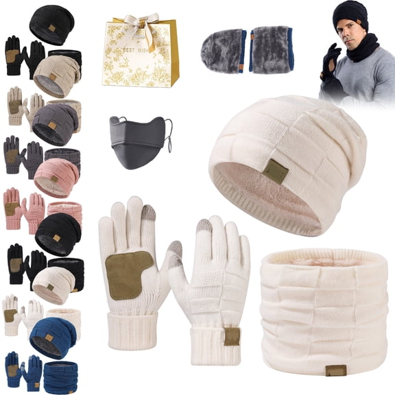 Ardenknit Winter Set,3Pieces Winter Warm Hat Scarf Glove Set for Women Men,Windproof Warm Elasticity Knit Fleece Lined Beanie (White)