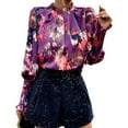 thumbnail image 4 of EFINNY Womens Turtleneck Pleated Long Sleeve Shirt Top Chiffon Broken Flowers Blouse, 4 of 6