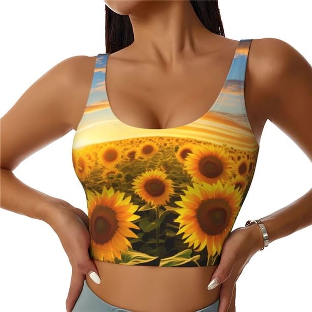 Fotbe Beautiful Golden Sunflower Field Sujetador Deportivo Largo sin Aros para Mujer con Almohadillas y Soporte Medio, Transpirable y Absorbente, Camiseta Tipo Chaleco o Tank Top-Large