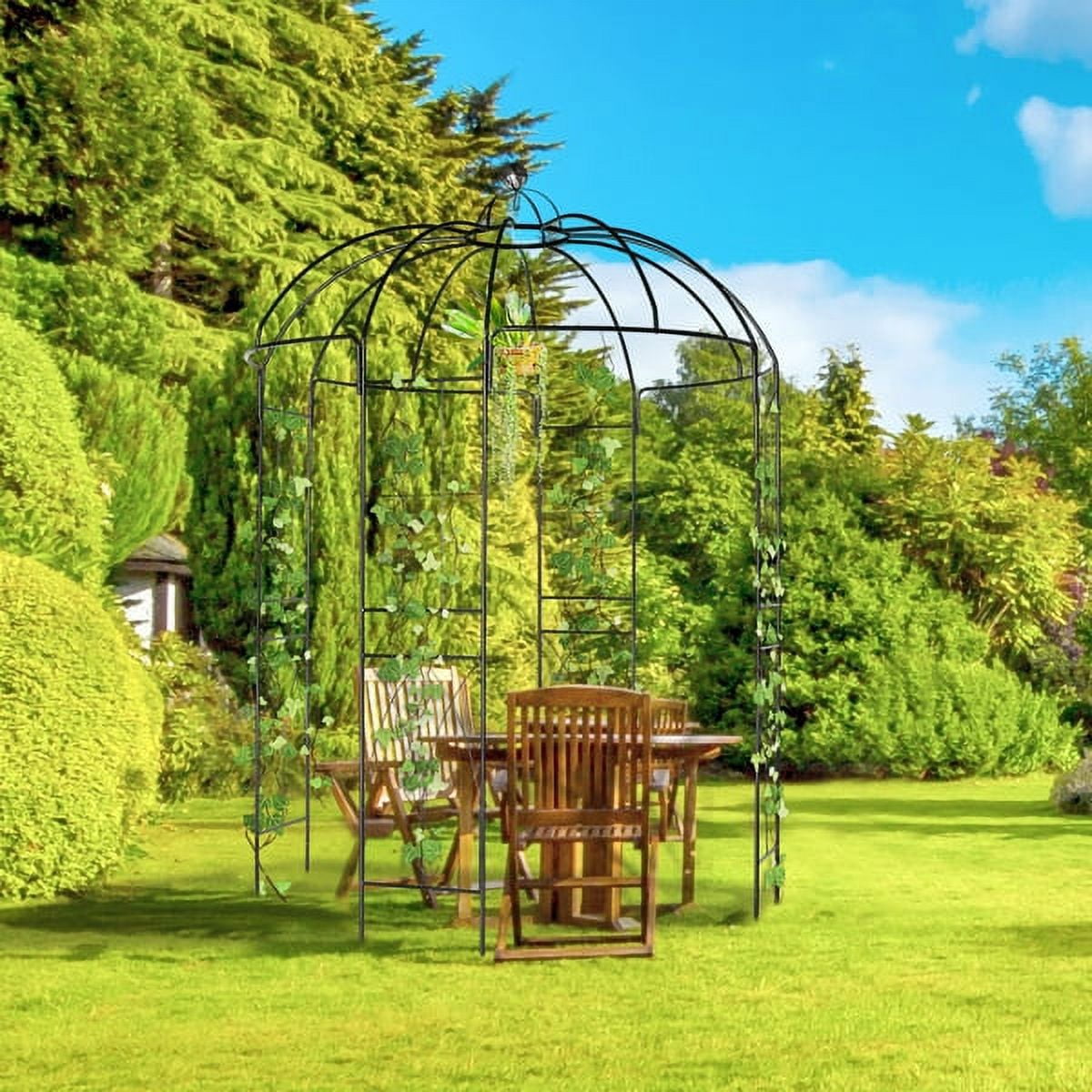 Black Wrought Iron Garden Gazebo Arch - 81.5" W w/Silver Ball Hooks & Diamond Trellis - Rustproof Plant Climbing Structure w/10.6" Ground Stakes