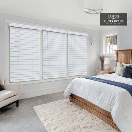 Lotus & Windoware Cordless 2-1/2 inch Faux Wood Room Darkening Horizontal Blind, 22.5 W x 36 L, Bright White, Smooth