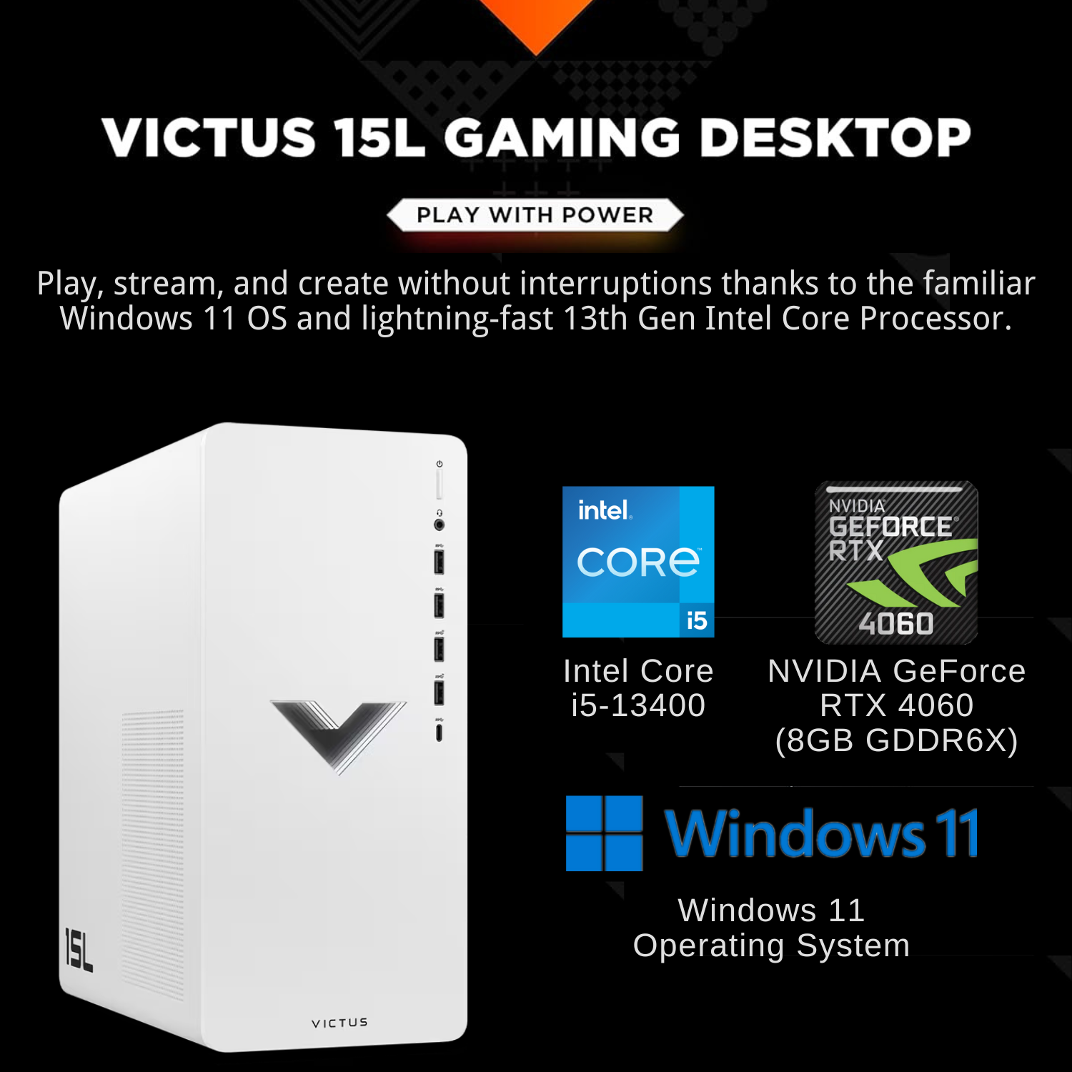 HP Victus 15L Gaming Desktop, Intel Core i5-13400, RTX 4060, 32GB