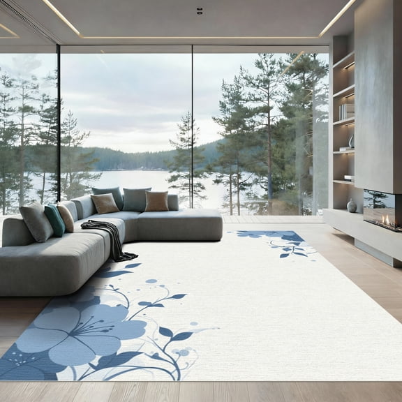 ODIKA 4'x6' Machine Washable Non-Slip Area Rug, Contemporary Blue High Traffic Rug, White, 1080065