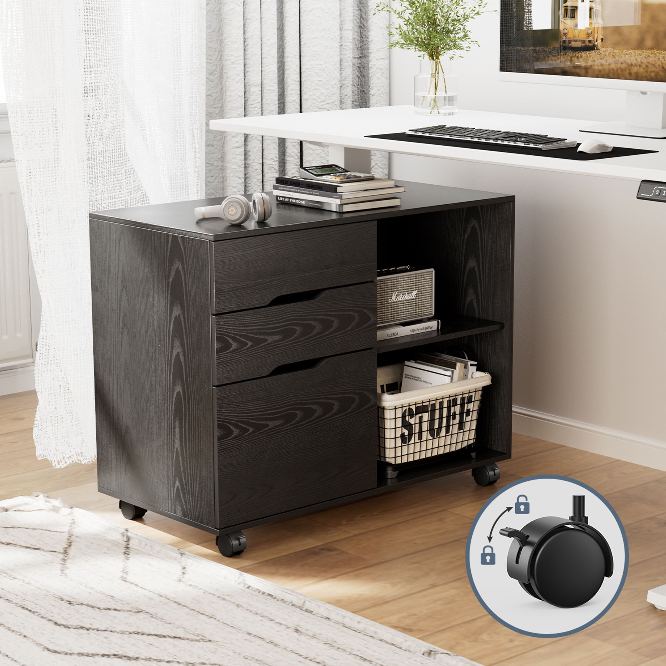 JIOABL 3-Drawer File Cabinet, Lateral Mobile Filing Cabinet Wood Storage Organizer with Wheels, Printer Stand & Open Shelves for Home Office, Black