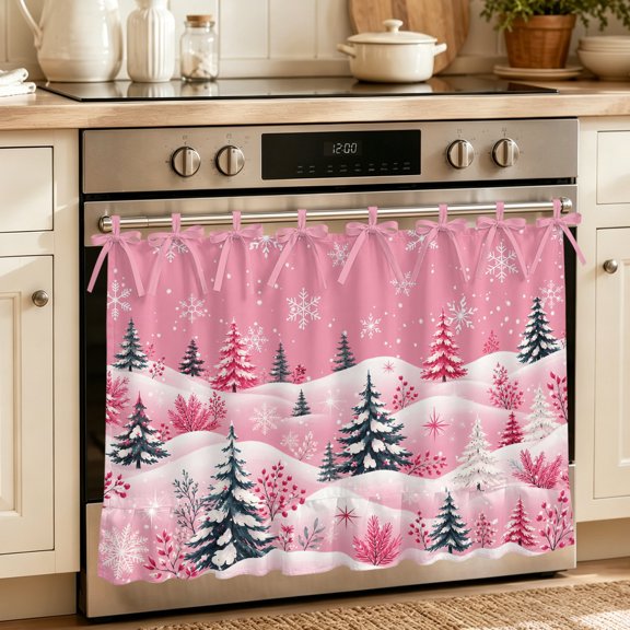 Oven Skirt Curtain for Kitchen 20x27 Inch, Pink Christmas Oven Curtain with 8 Ribbon Ties & Ruffle Trim, Stove Skirt Curtain Dishwasher for Cabinets Over Sinks Snowflake Winter Xmas Trees