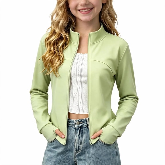 Mitankcoo Girls Stand Collar Zip Up Jacket Slim Peplum Hem Long Sleeve Coat with Thumb Holes Casual Stretch Outerwear 3-15Y