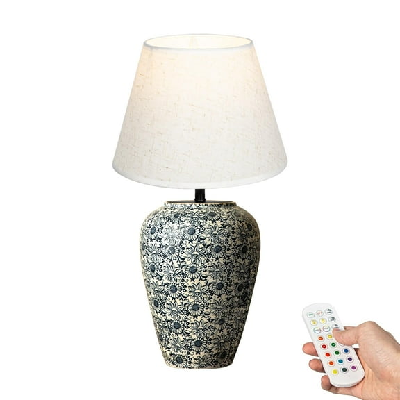 Kiven Cordless Table Lamp, Dimmable LED Vase Lamps with Fabric Lampshade, Classic Cottage Ambient Light, 1-Light Rechargeable Nightstand Lamp for Office Bookcase Bedside TD1015B