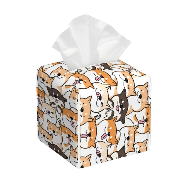Fotbe Shiba Inu Dog Porta Pañuelos Decorativo de Cuero, Caja Cuadrada Moderna para Pañuelos Faciales, Organizador y Dispensador 5x5x5''