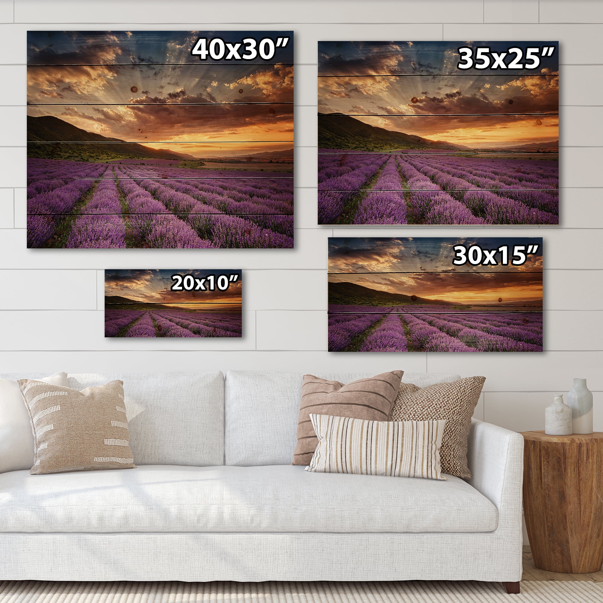 Designart 'Dramatic Clouds and Sunrise Over Lavender Field X' Farmhouse Print on Natural Pine Wood