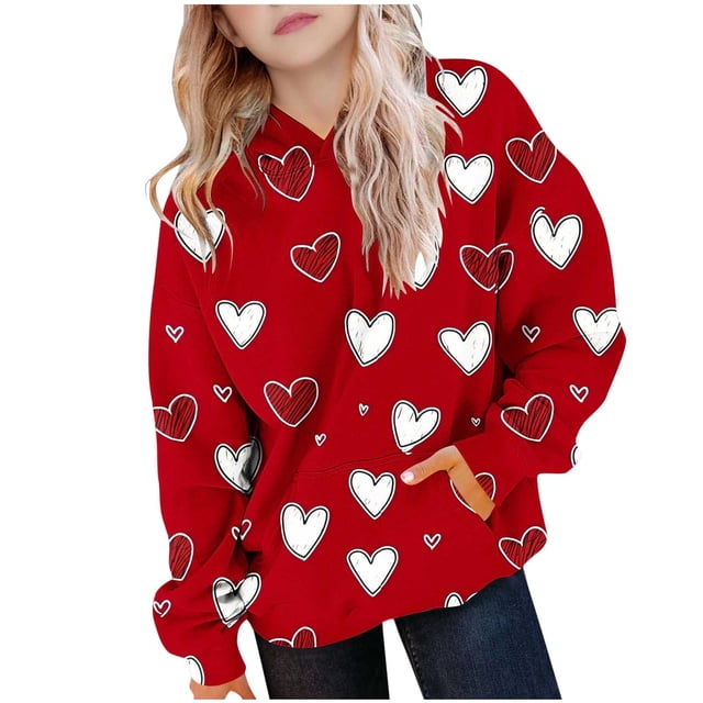 Sudadera con capucha para niña, para el Día de San Valentín, con estampado de color, de manga larga, informal, deportiva, con capucha, de manga larga, con inserciones en los hombros, blusa de poliéste