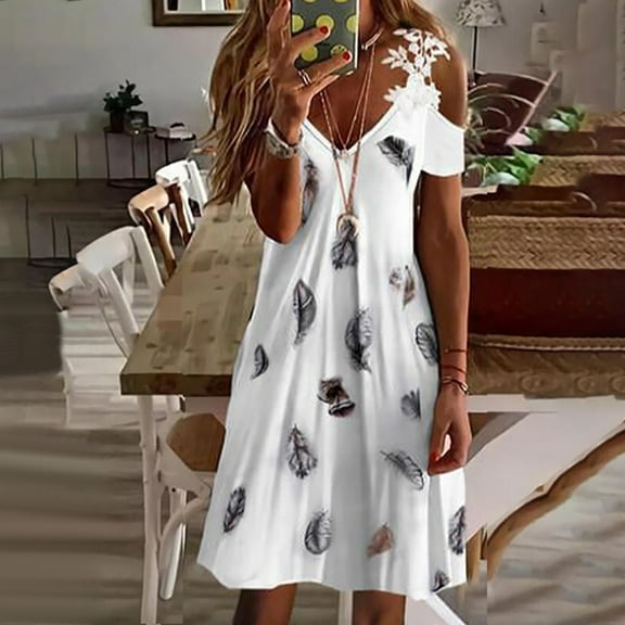 up to 60% off Gifts Usmixi Formal Dresses for Women Beach Sexy Lace Trim Cold Shoulder Tunic Midi Dresses V-Neck Short Sleeve Feather Print Summer Knee-Length Dress White s