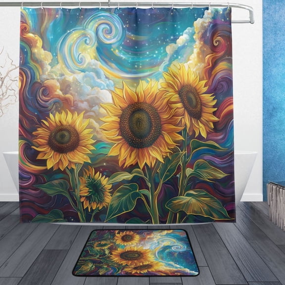 BZSMCE Shower Curtain and Bath Accessory Set,Dreamy Sunflowers in Colorful Universe Pattern