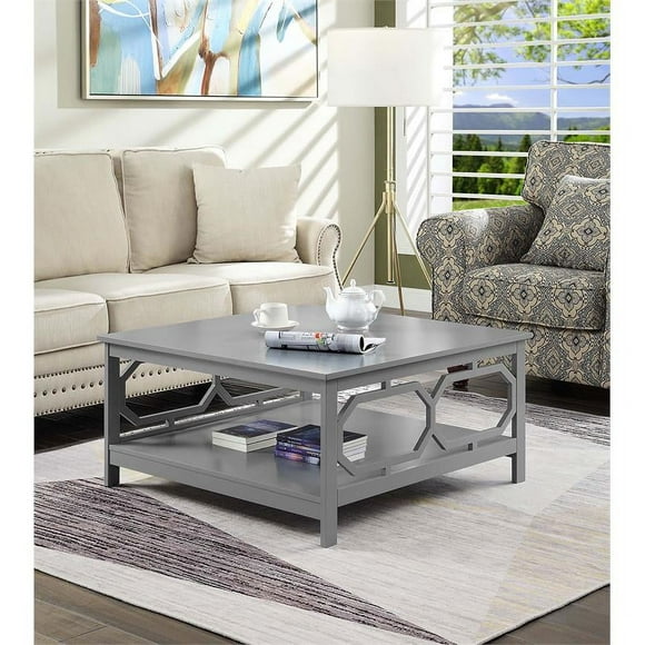 Pemberly Row Square Coffee Table with Large Surface and Bottom Shelf, Gray