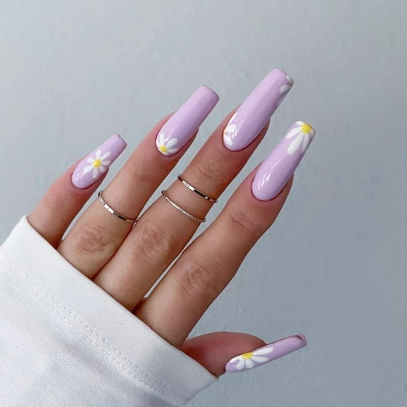 Purple Press on Nails Long Coffin Fake Nails with Daisy Design Glue on Nails Acrylic Stick on Nails False Nails for Women 24PCS Purple-A06 1 Fl Oz (Pack of 1)