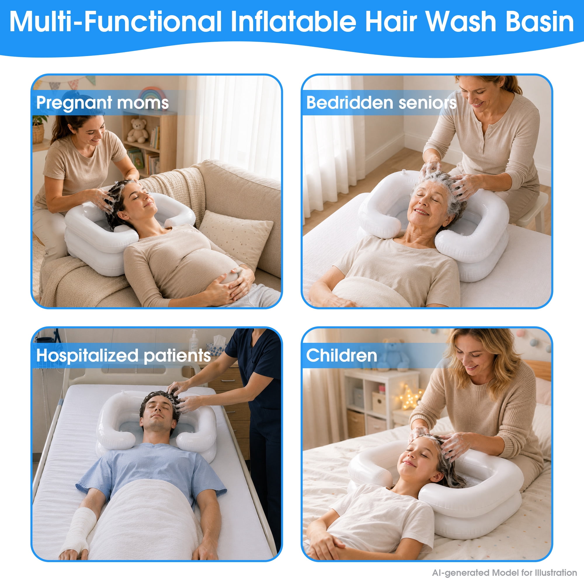 Inflatable Shampoo Basin, Bed Side Hair Washing Basin Kit with Water Bag, Air Pump & Drainage Tube, Portable Inflatable Hair Wash Tub for Elderly, Disabled, Pregnant Women