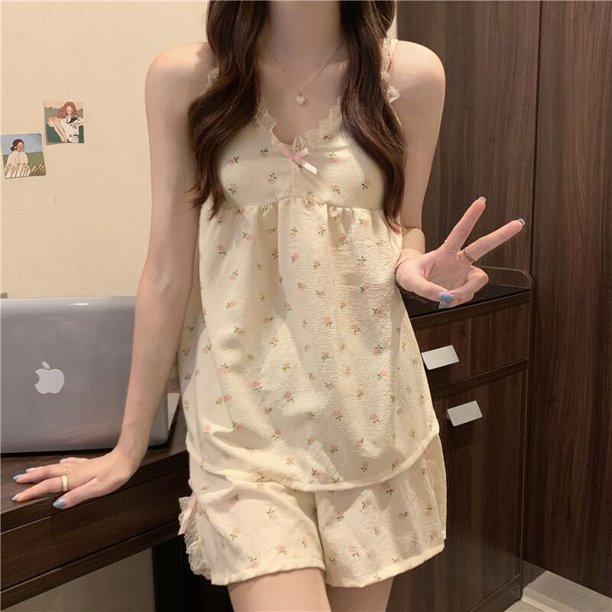 Pijama de encaje con estampado de hojas para mujer, ropa de dormir coreana, pantalones cortos, conjunto de dos piezas para ropa de noche, camisola de verano sin mangas con lazo
