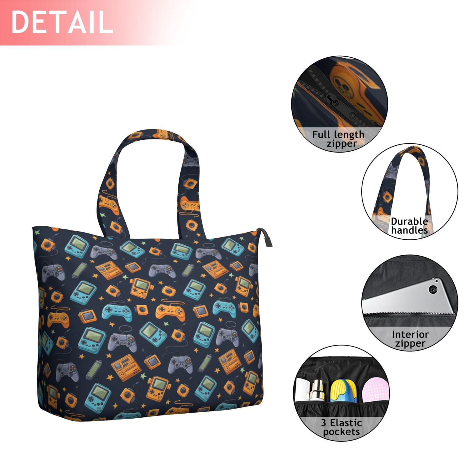 Retro Consoles Games Icons Blue Pattern Travel Tote Bags for Women Carry On,Large Weekender Bags for Women Travel,Multi Functional Duffle Bag for Work,Shopping,Sports