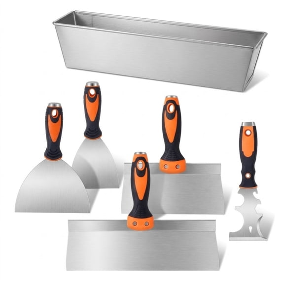 6-Piece Stainless Steel Drywall Knife Set with 12" Mud Pan, Professional Putty Knives, Taping Knives and Scraper, Drywall Finishing Tool Kit for Home Repair