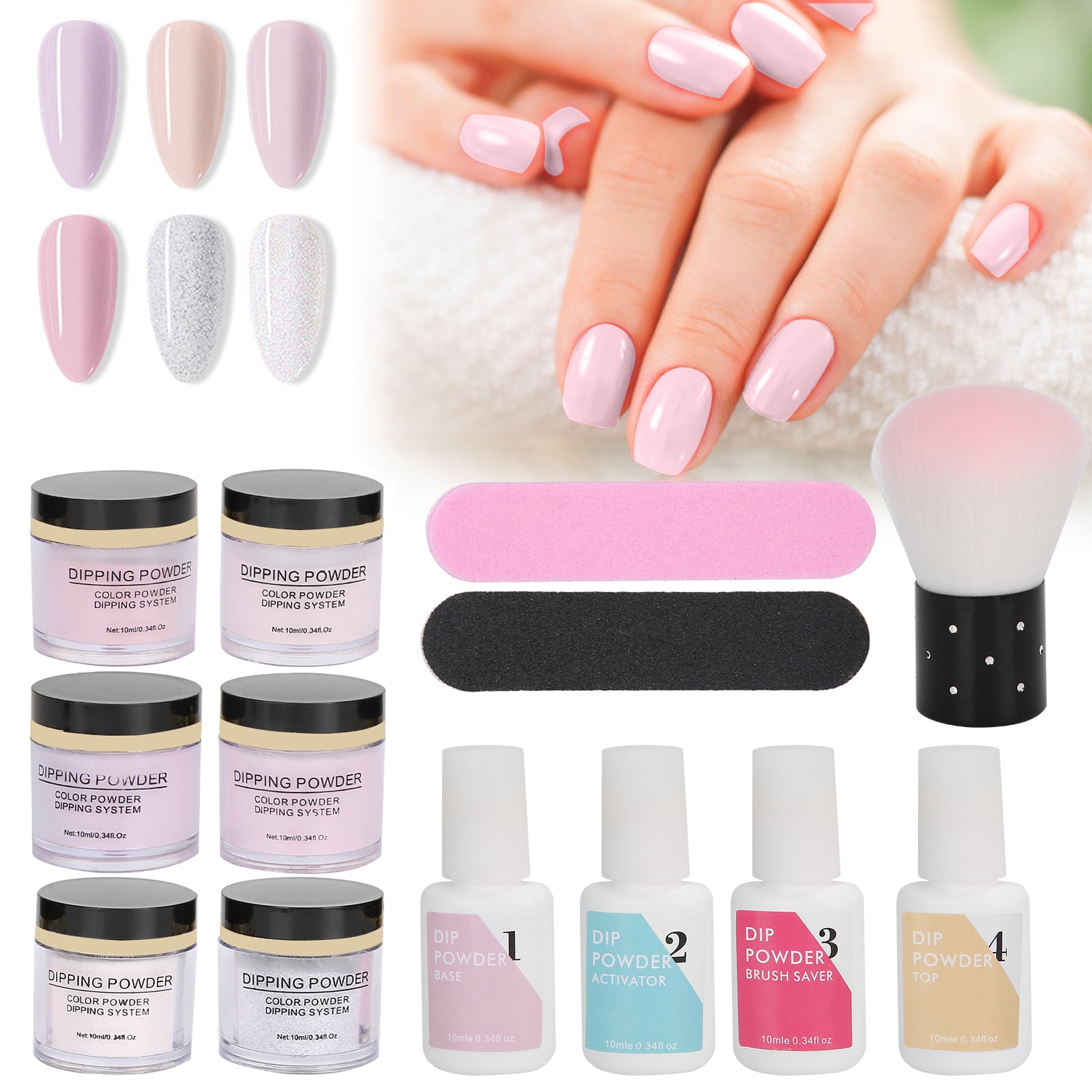 Rupoun 8-Piece Nail Dipping Powder Set, Base Coat Top Coat Dust Brush Manicure Tool Kit K1214 (7.48 inches / 19 cm)