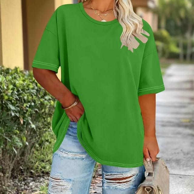 Ounisa Hauts pour Femmes Grande Taille Été Manches Courtes Côtelées Col Rond T-Shirts Basiques Mode