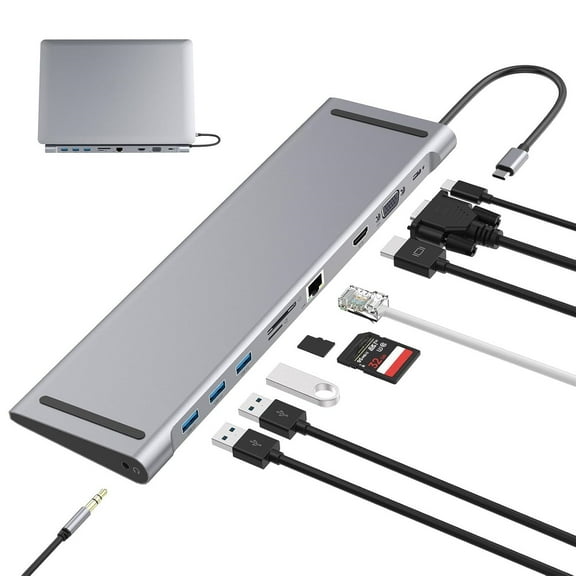 USB C Docking Station for Laptop, USB C Hub 10 in 1 USB C Adapter Docking Station with 4K HDMI & VGA, 3 x USB 3.0, Gigabit Ethernet RJ45 LAN, USB C PD, SD/TF Card Reader, 3.5mm Audio/Mic