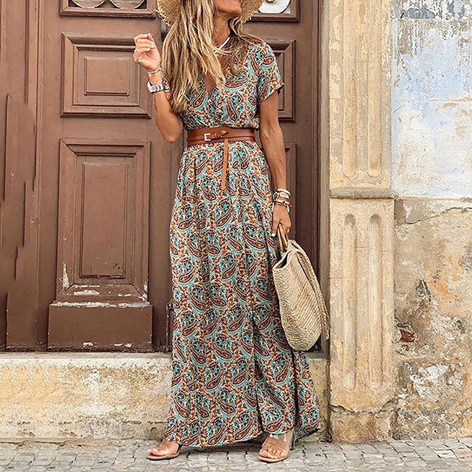 Women Dresses Summer 2023 Women'S Summer Casual Print V Neck Short