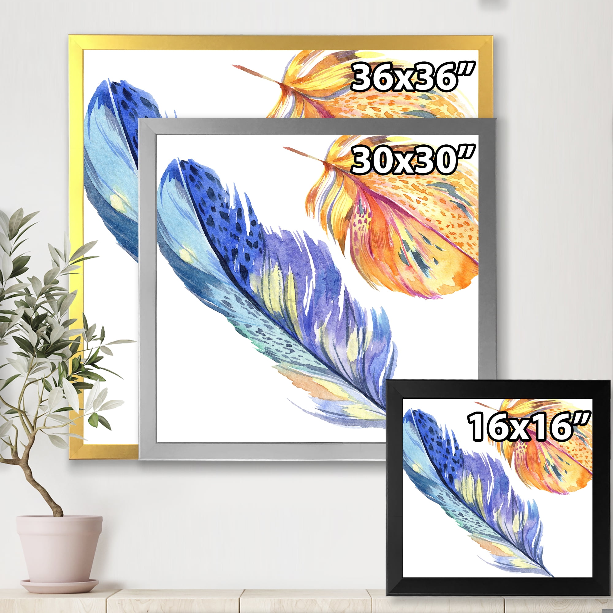 Designart 'Colorful Blue and Golden Bird Feather From Wing' Bohemian & Eclectic Framed Art Print
