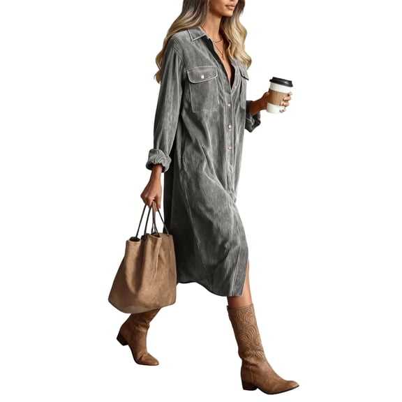Fgvctg Womens Corduroy Dresses Button Down Long Sleeve Shirt Dresses a Line Vintage Work Dress Fall Winter Lightweight Lapel Long Dress with Pockets Light Gray XL