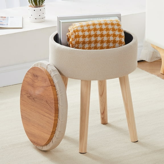 Mxfurhawa Handwoven Hyacinth Round Ottoman Footstool Natural Seagrass Pouf with Solid Wood Legs Footrest Stool Step Stool for Living Room Balcony Garden Natural Seagrass