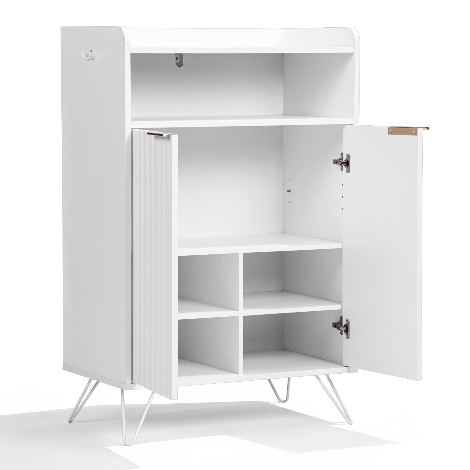 Shoe Cabinet With Grille Panel, Two Doors, Open Top, And Two Hooks On The Legs, Particleboard Cabinet Body, Mdf Vacuum-Formed Doors, 68*40*106mm