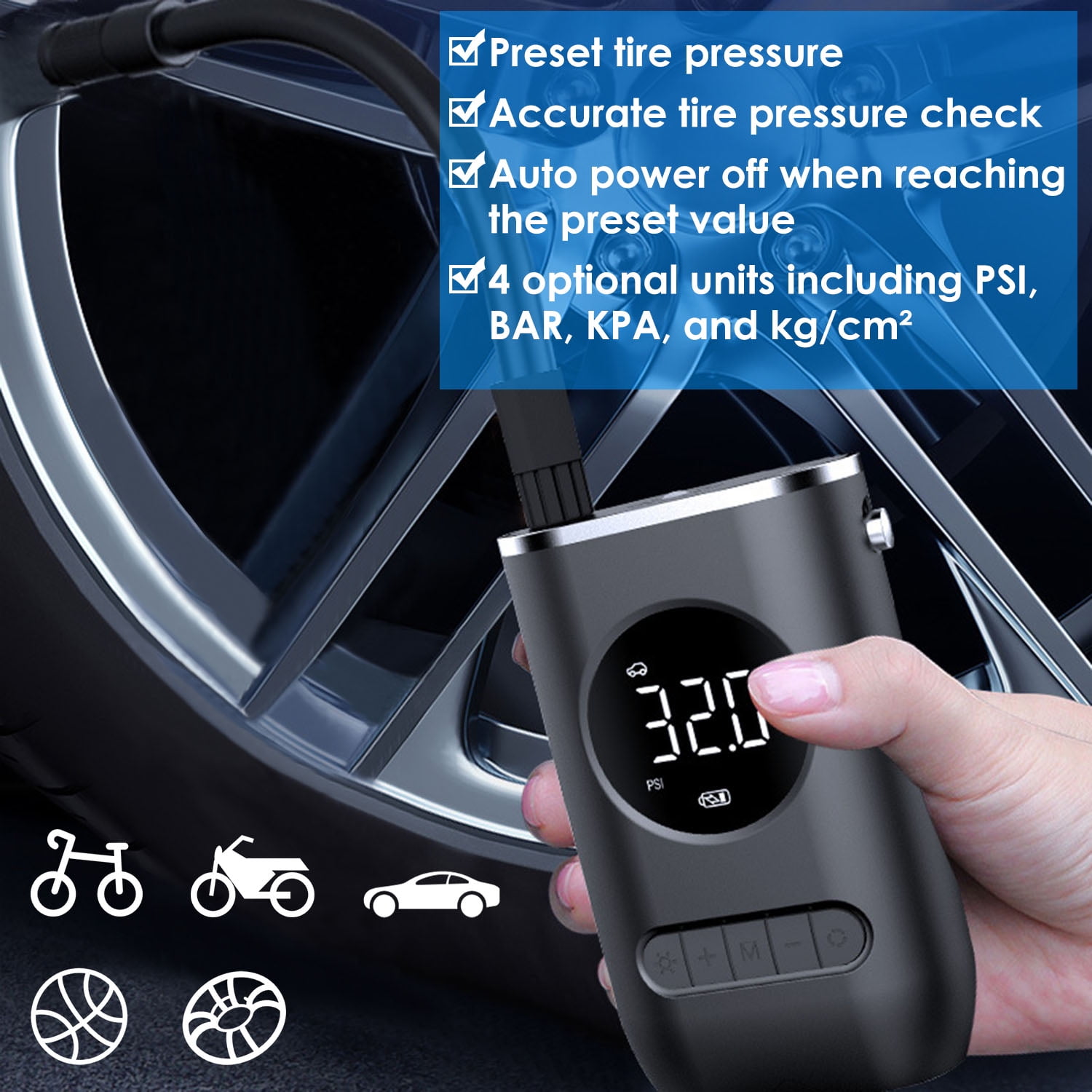 Tire Inflator Portable Air Compressor, TeqHome 150PSI Cordless Air Pump for Car Tires,Tire Pump with LED Light Suitable for Cars, Bikes, Balls, Motorcycles