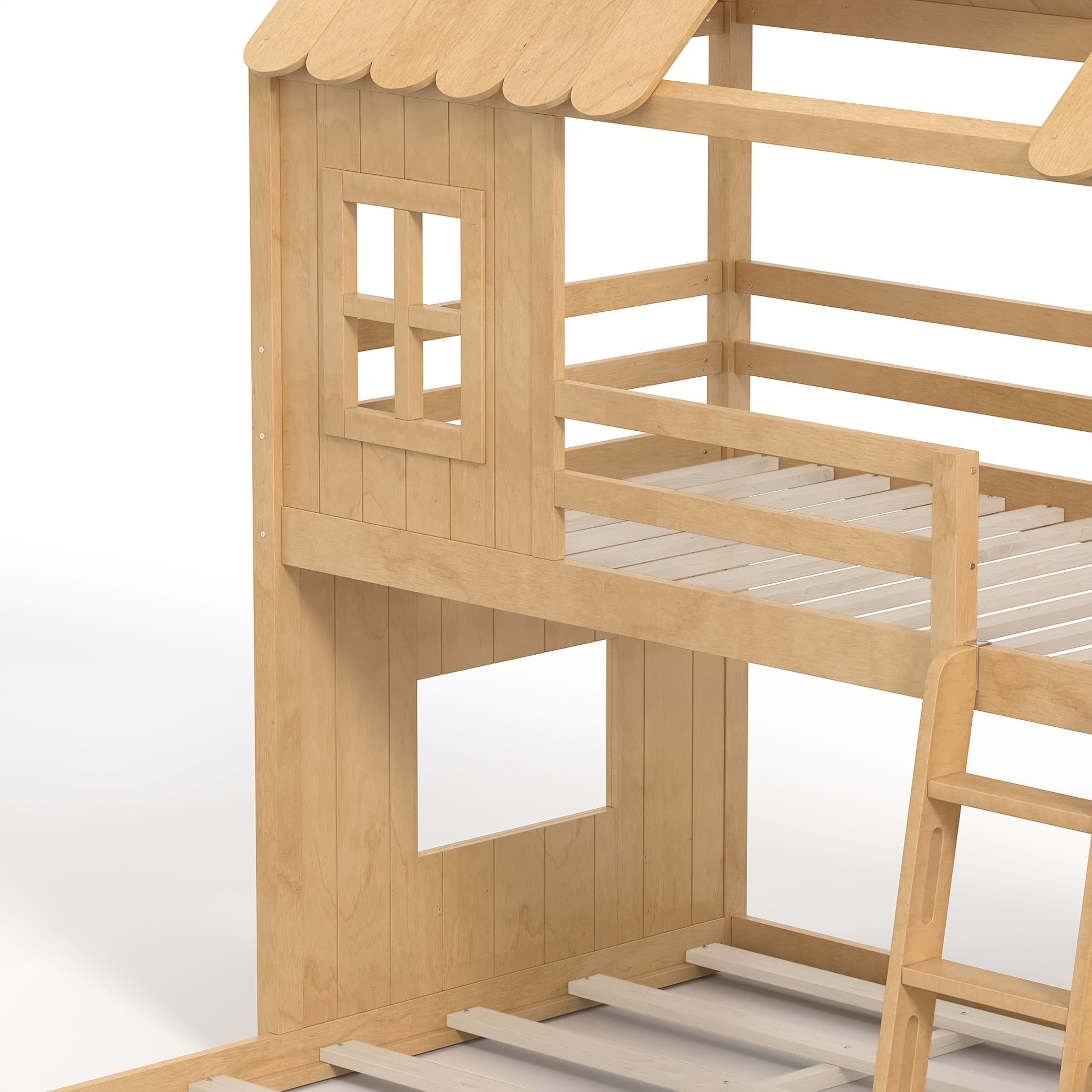 GDF Studio Twin over Full House Bunk Bed with Slide, Ladder, Shelves & Wardrobe, Natural