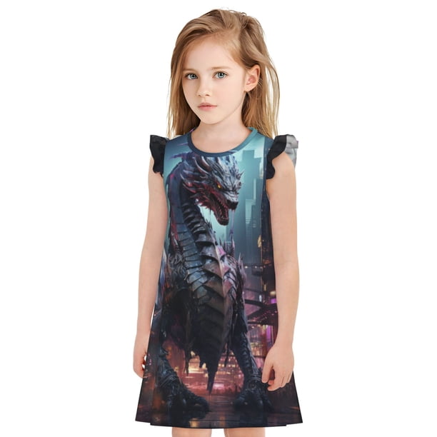Fotbe Urban Mechanical Dragon Vestido de Dormir para Niñas de 3 a 10 Años, Mangas Cortas, Estilo Princesa, Pijama Camisón con Mangas Voladas-X-Large