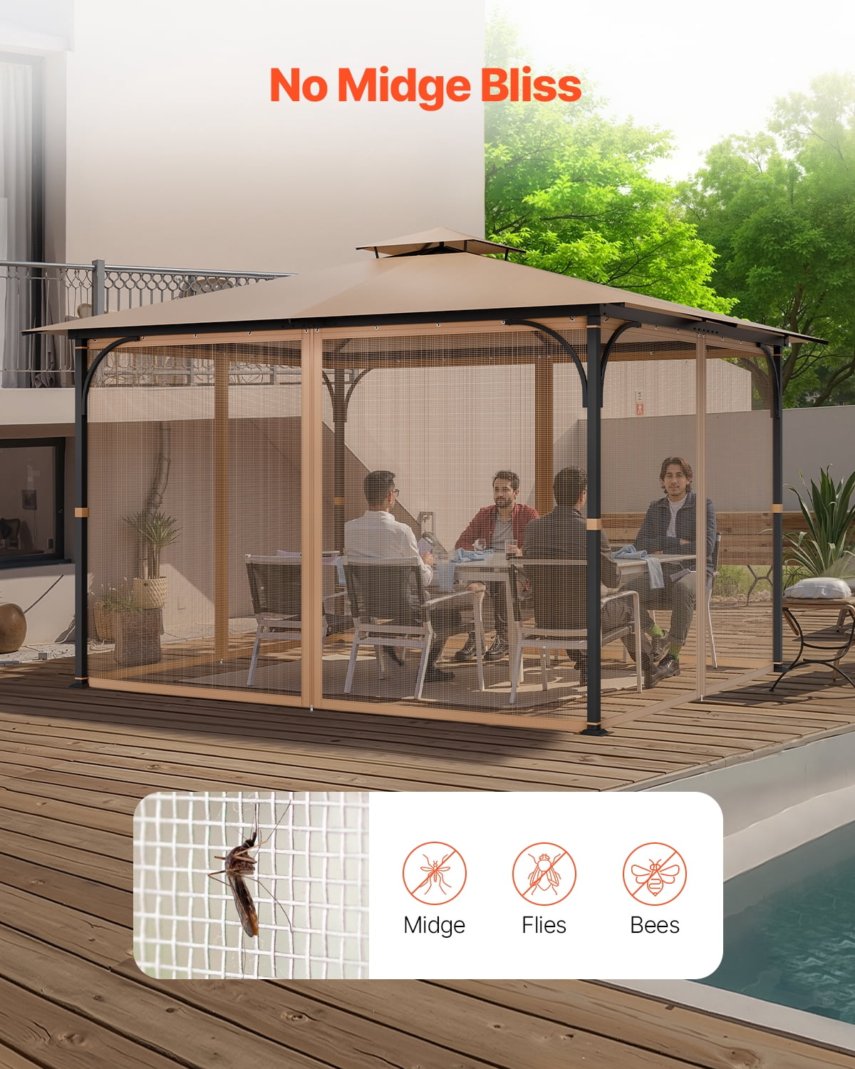 VEVOR Gazebo Netting Replacement, Fit Most 10 x 12 x 7.3 FT Gazebo,Outdoor Garden Gazebo Net,4-Panel Sidewall Mesh Gazebo Curtain, Patio Midge Netting with Double Zipper,Canopy Screen (Netting Only)