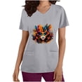 thumbnail image 2 of Jinhomg Womens Funny Holiday Scrubs Mardi Gras Carnival Themed Working Uniform Lightweight Comfy Short Sleeve V-Neck Holiday Caregiver Top Gray S, 2 of 6