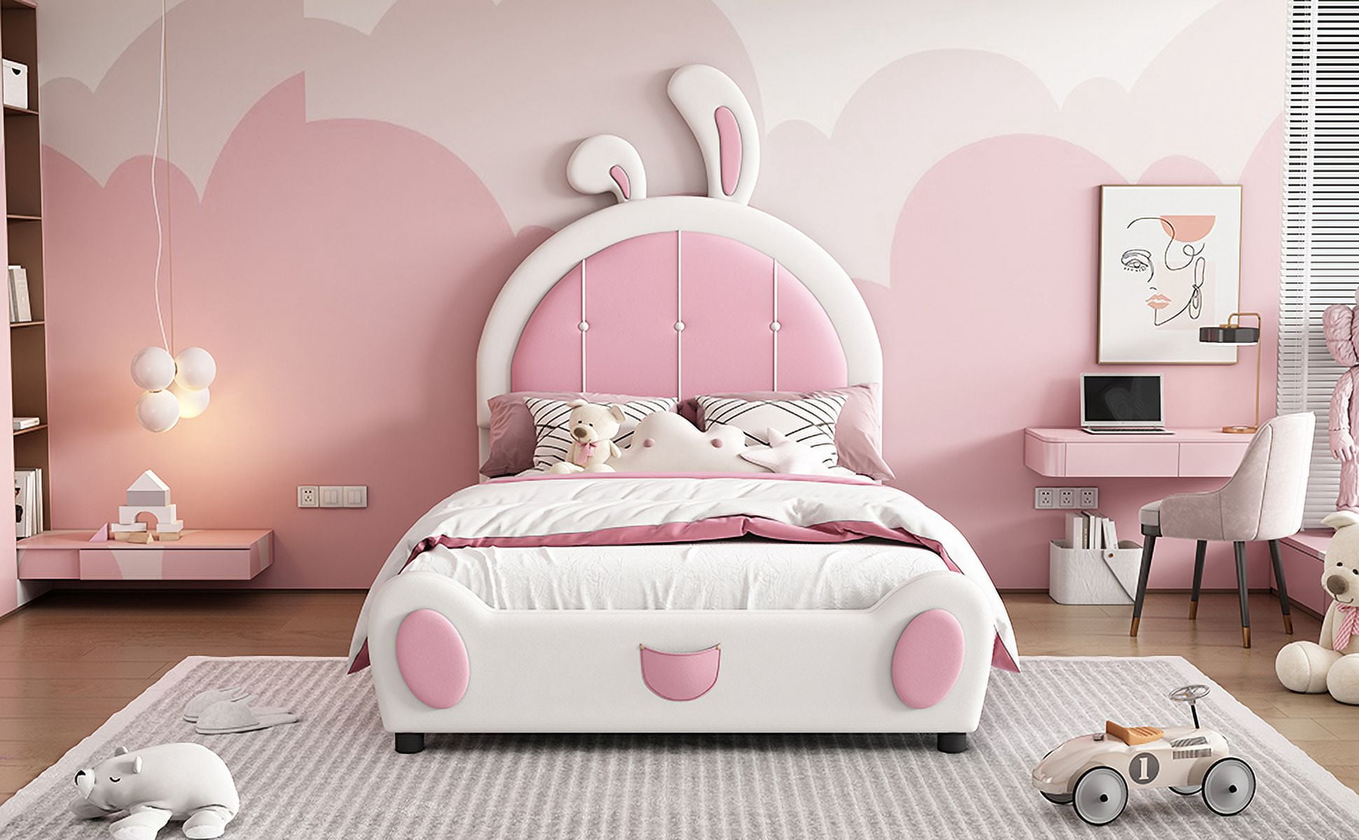 Mintazer Twin Size Upholstered Bed with Bunny Shaped Headboard, Platform Bed for Kids Adult Girl Bedroom Apartment, White & Pink