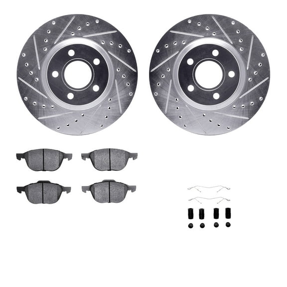 Dynamic Friction Company Front Brake Rotors-Drilled and Slotted-Silver with 5000 Advanced Brake Pads includes Hardware 7512-54075