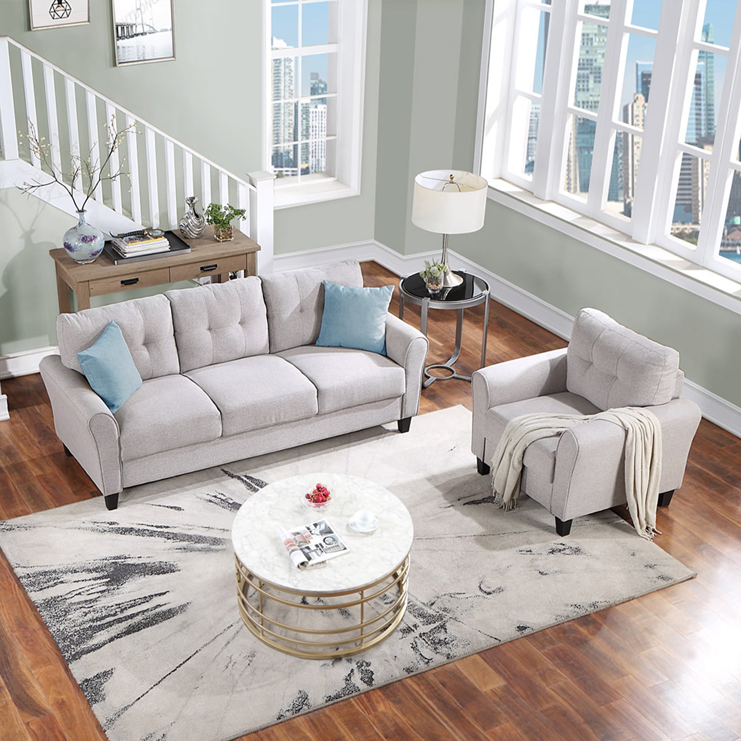 Kadyn Modern Living Room Sofa Set, 2 Piece Living Room Linen Sofa Set with 1+3-Seat Sofa, Modern Upholstered Couch Furniture for Home, Light Grey