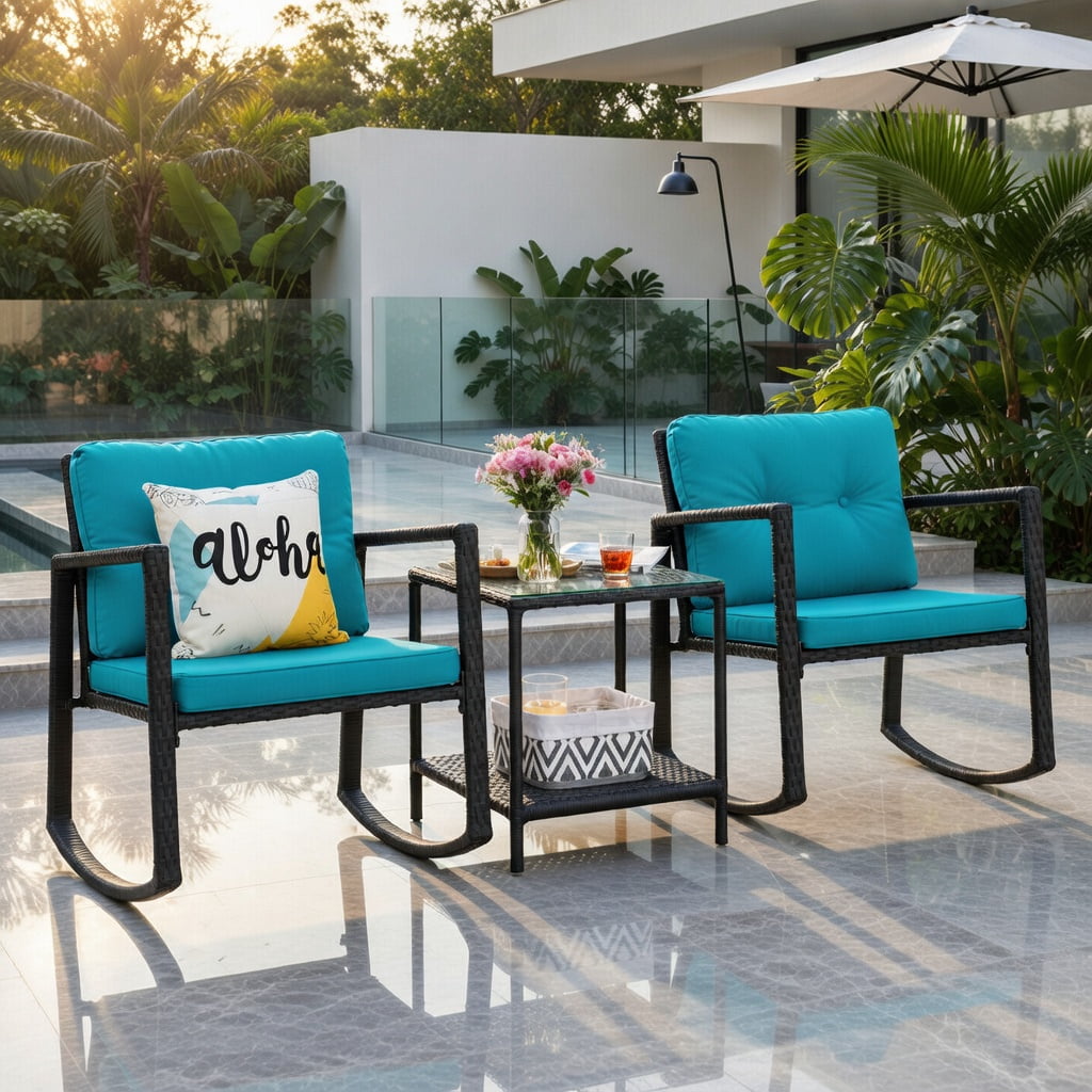 Hommoo 3-Piece Outdoor Wicker Rocking Bistro Set with Tempered Glass Coffee Table & Storage Shelf, Turquoise