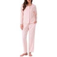 thumbnail image 1 of Conjuntos de pijamas para mujeres con encaje, blusa de manga larga con botones, ropa de dormir, pantalones con cintura elástica y bolsillos, M, rosa, 1 of 6
