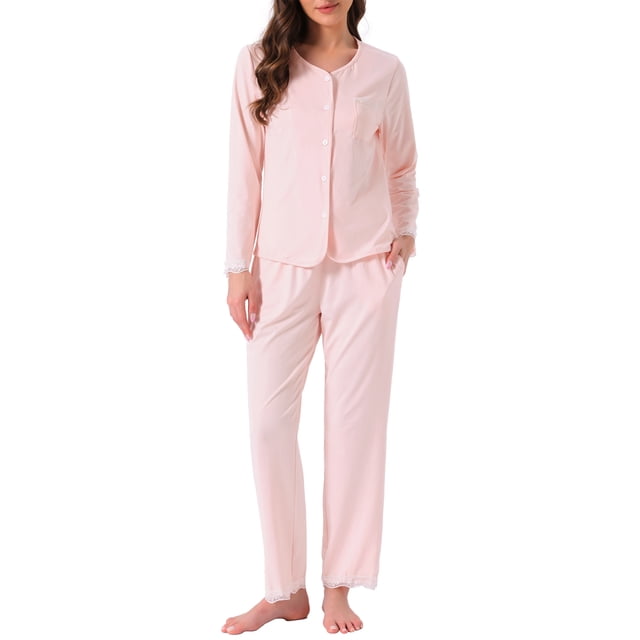 Conjuntos de pijamas para mujeres con encaje, blusa de manga larga con botones, ropa de dormir, pantalones con cintura elástica y bolsillos, M, rosa