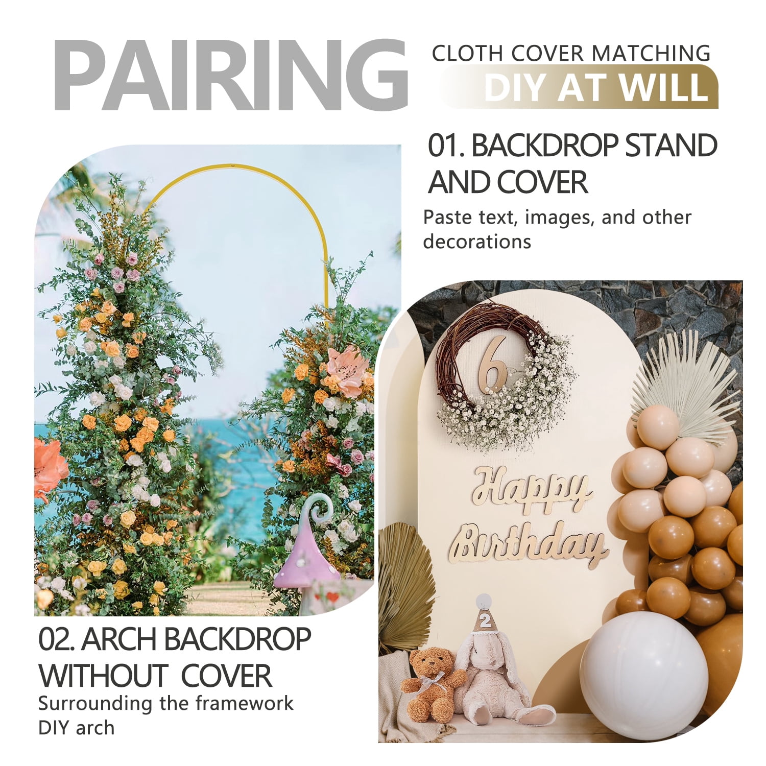 Sunifier Arch Backdrop Stand and Cover Set, 2 Metal Balloon Arch Backdrop 7.2ft 6ft, Gold Arched Stand Frame for Wedding, Parties,Birthday,Decorations (Beige,7.2ft+6ft)