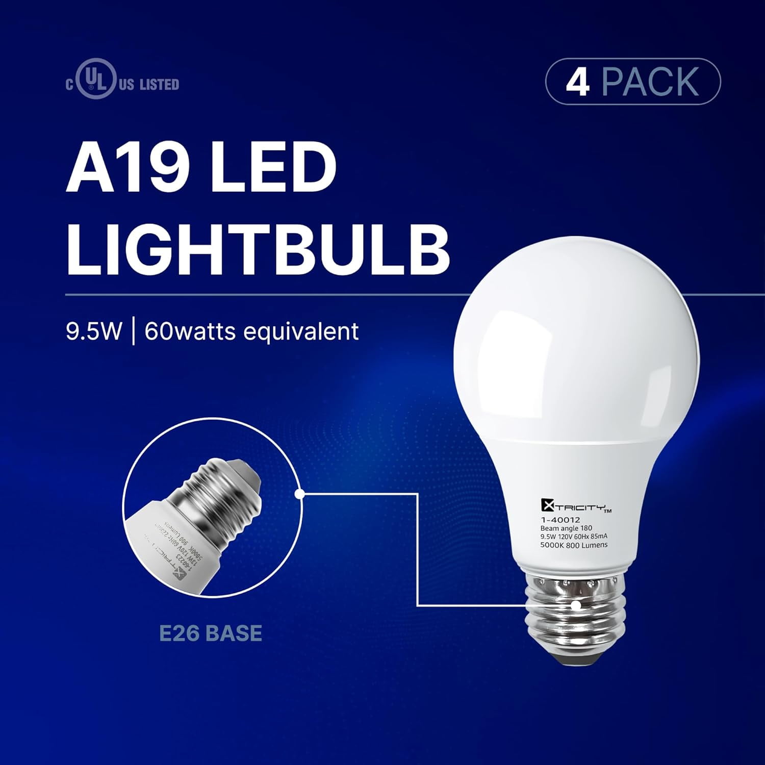 Xtricity A19 LED Light Bulb, 9W (60W Eqv), E26 Base, 5000K, Non-Dimmable, UL Listed (4 Pack)