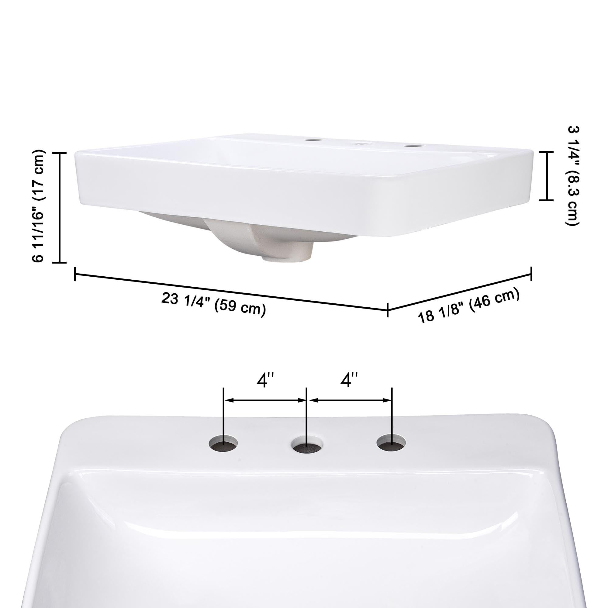 Aquaterior 23" Rectangle Bathroom Vessel Sink Drop in Ceramic Semi Recessed Basin with Pop up Drain