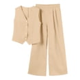 thumbnail image 4 of Conjunto informal de algodón de 2 piezas para mujer: camisa sin mangas con botones y pantalones rectos de pierna ancha con bolsillos, diseño sexy en el pecho, para el día a día/formal., 4 of 5