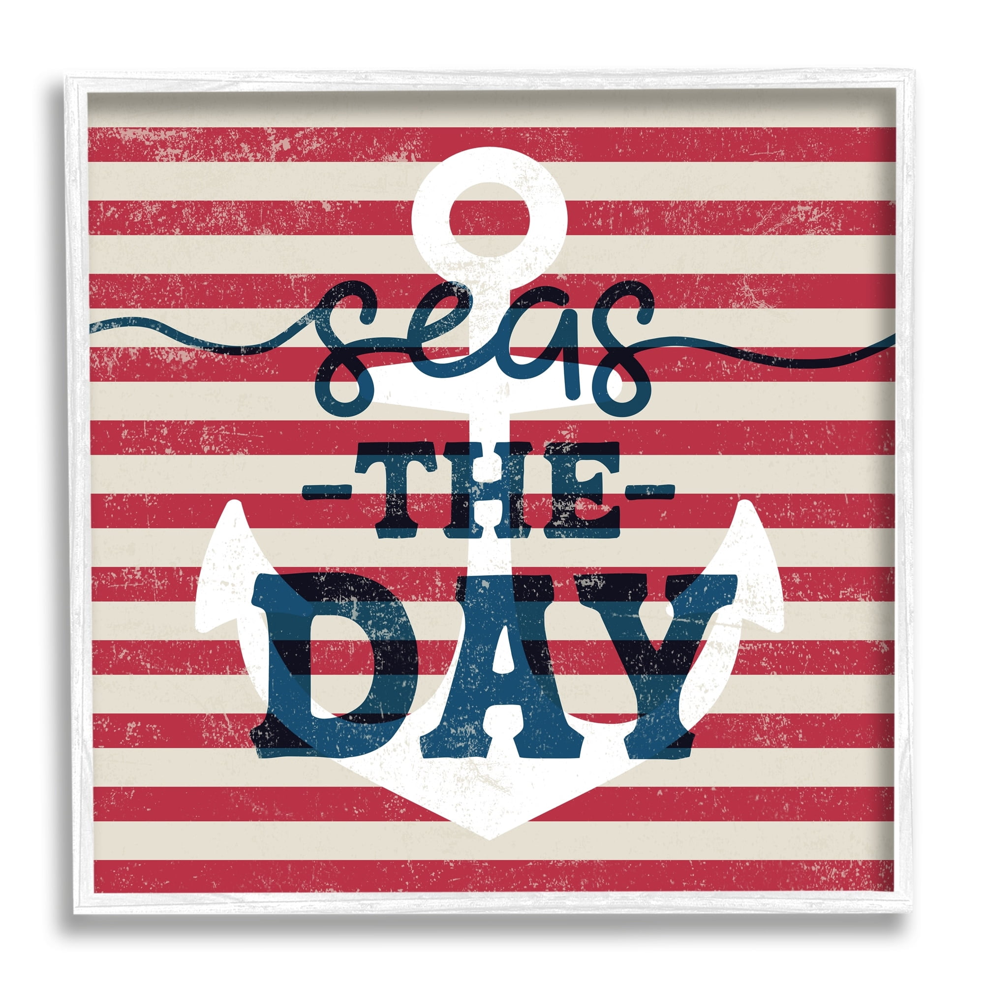 Stupell Industries Seas The Day Americana Anchor & Flag Phrase Graphic Art White Framed Art Print Wall Art, Design by Daphne Polselli