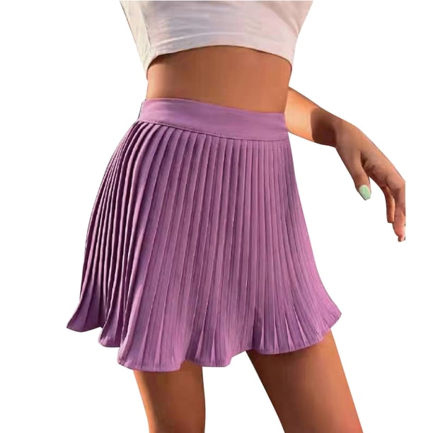 Gibobby faldas largas Minifalda plisada escalonada con volantes en la cintura de verano para mujer, falda de playa de línea A de Color sólido(Morado, M)