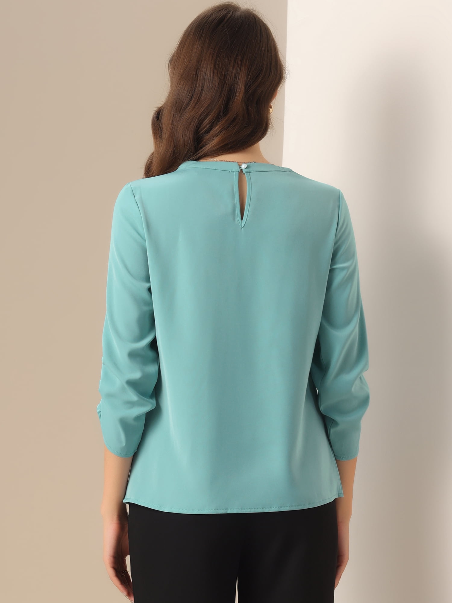 DARING DIVA 3/4 Sleeve Round Neck Keyhole Pleated Tops L Gray Green